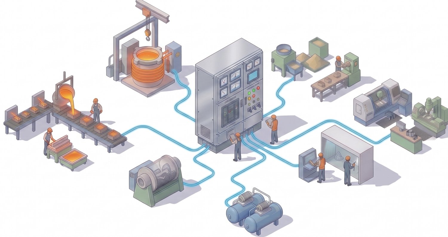 หน้าจอ Foundry EMS Dashboard — แสดง kW รวม, PF, Peak Demand และพารามิเตอร์ไฟฟ้าเรียลไทม์